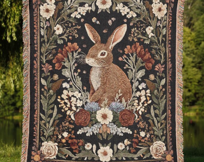 Rabbit Woven Tapestry Blanket, Retro Cottagecore Home Decor, Easter Floral Wall Hanging Gift for Bunny Lovers