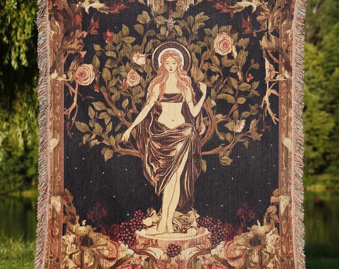 Persephone Woven Blanket, Floral Greek Goddess Tapestry, Cottagecore Throw