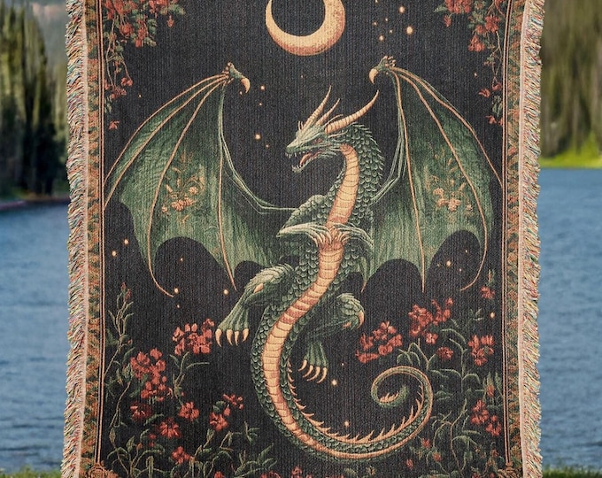 Dragon Woven Blanket, Celestial Dragon Kids Room Decor, Retro Fantasy Lover Gift Throw, Medieval Cottagecore Tapestry, Gift for Dragon Lover