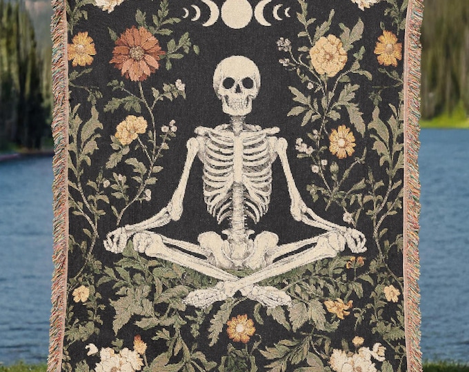 Floral Yoga Skeleton Woven Blanket - Cottagecore Tapestry, Celestial Moon Phase Throw, Boho Bohemian Home Decor