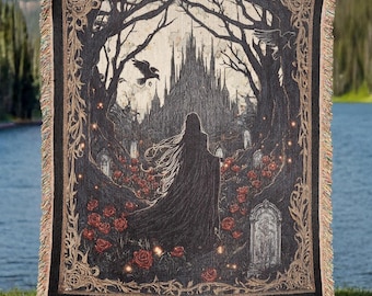 Vampire Castle Woven Blanket – Gothic Blood Moon Cotton Throw