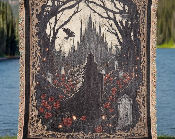 Vampire Castle Woven Blanket – Gothic Blood Moon Cotton Throw