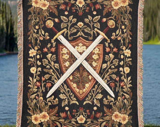 Medieval Sword Tapestry Blanket, Woven Floral Gothic Wall Art, Fantasy Crossed Swords Decor, Warrior Aesthetic Throw Blanket, DnD Lover Gift