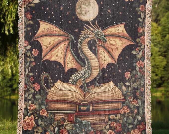 Fantasy Book Dragon Blanket, Reading Lover Medieval Woven Throw, Bookish Home Decor Tapestry
