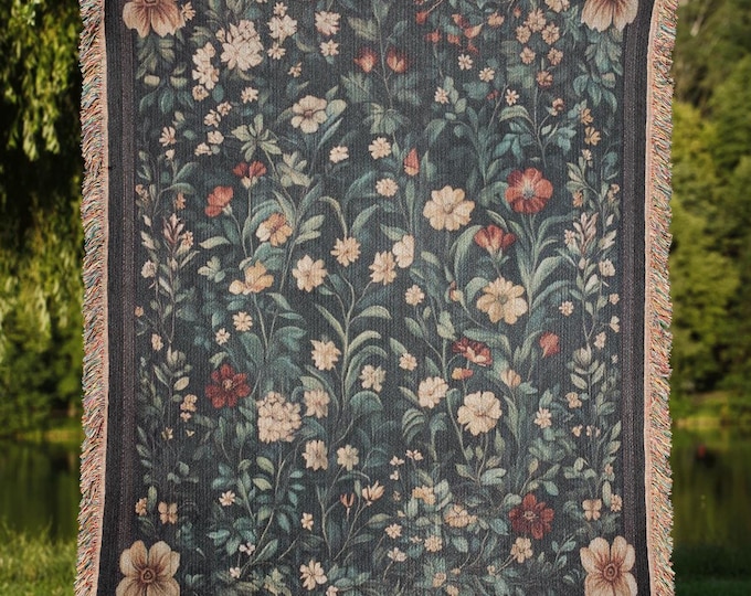 Vintage Floral Woven Throw Blanket, Cottagecore Tapestry