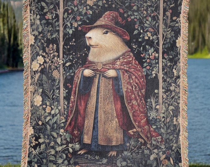 Wizard Capybara Woven Cotton Blanket, Medieval Tapestry