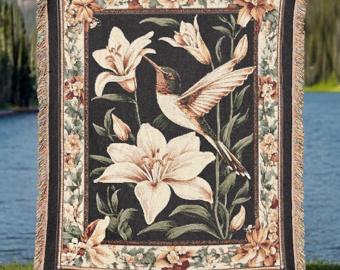 Hummingbird Woven Tapestry Blanket, Floral Cottagecore Decor