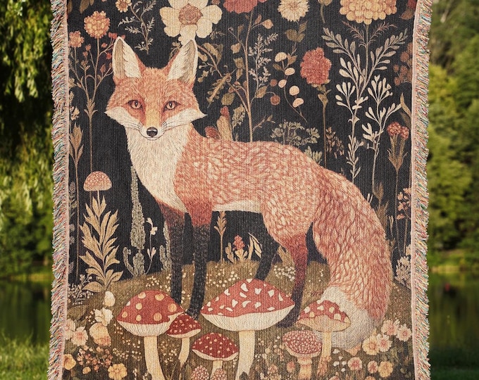 Fox Woven Tapestry Blanket, Retro Cottagecore Home Decor, Floral Vintage Housewarming Gift for Fox Lovers