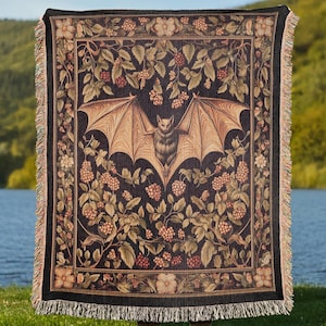 Bat Woven Throw Blanket, Cottagecore Floral Tapestry Decor, Medieval Gothic Bat Wall Hanging, Unique Gift for Bat Lovers