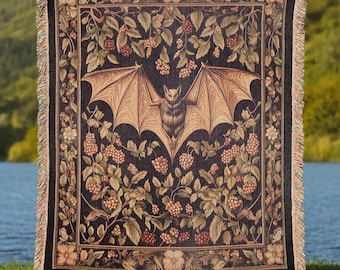 Bat Woven Throw Blanket, Cottagecore Floral Tapestry, Gothic Decor