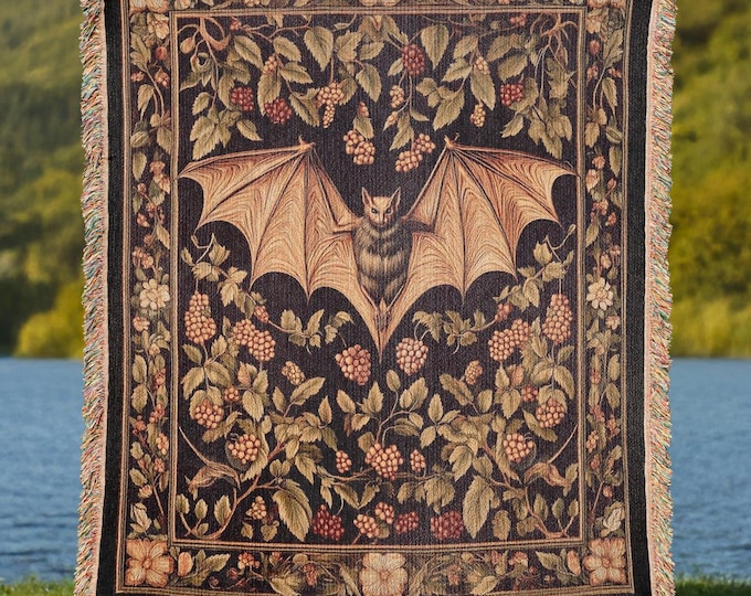 Bat Woven Throw Blanket, Cottagecore Floral Tapestry, Gothic Decor