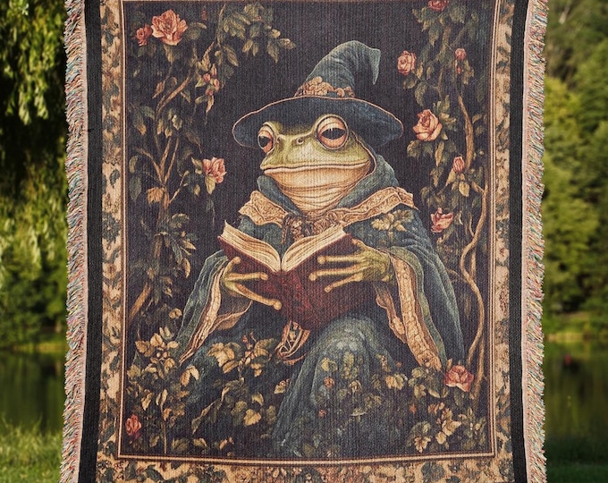 Wizard Frog Woven Blanket, Frog Lover Medieval Woven Throw, Magical Fantasy Home Decor Tapestry