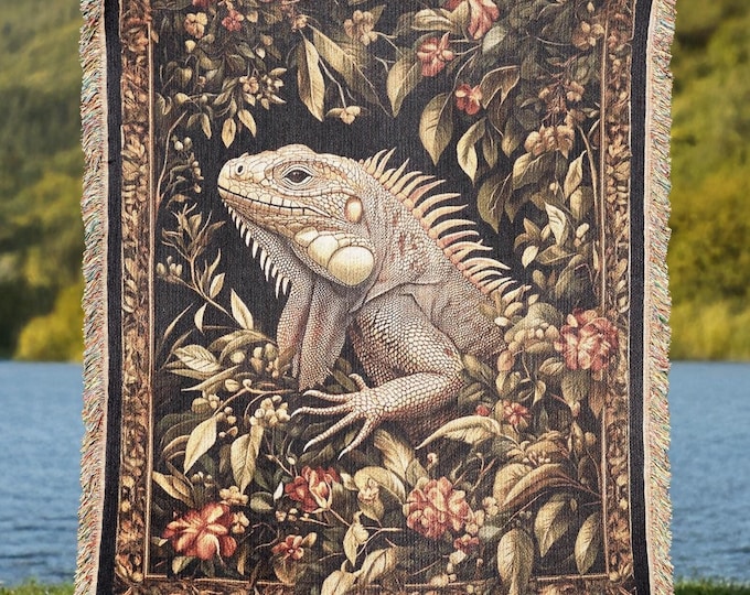 Iguana Tapestry Blanket - Botanical Cottagecore Woven Throw