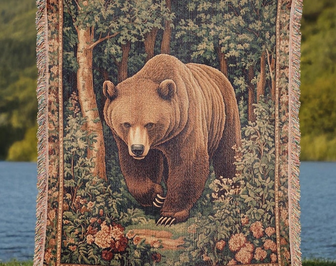 Brown Bear Woven Cotton Tapestry Blanket, Woodland Cottagecore Decor