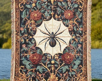 Spider Web Woven Tapestry Blanket – Gothic Halloween Throw, Spooky Home Decor, Witchy Wall Art, Floral Baroque Halloween Decor