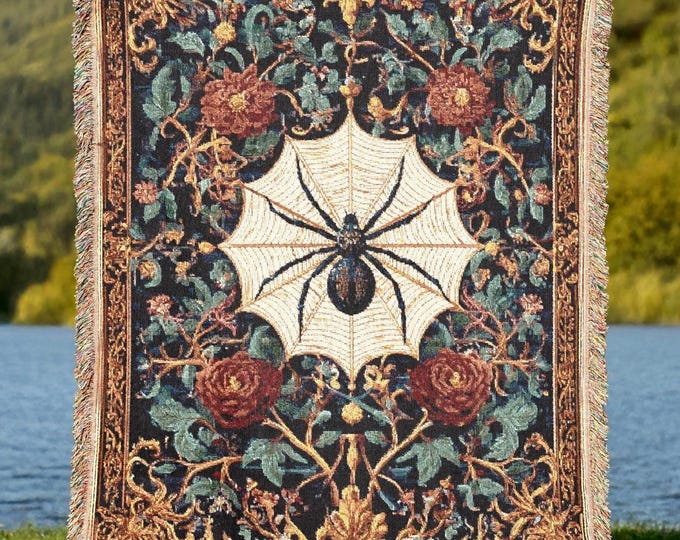 Spider Web Woven Tapestry Blanket – Gothic Halloween Throw, Spooky Home Decor, Witchy Wall Art, Floral Baroque Halloween Decor