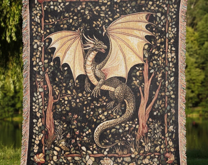 Dragon Woven Cotton Blanket, Medieval Fantasy Tapestry Throw