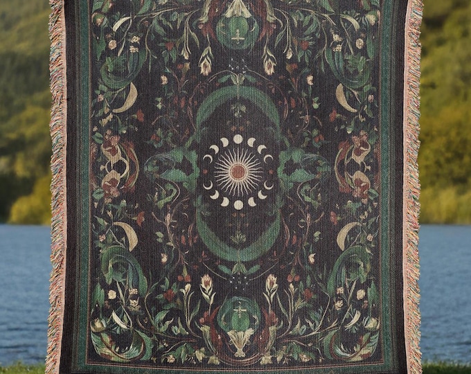 Moon Phase Woven Blanket, Cottagecore Floral Tapestry, Sun and Moon Celestial Decor, Ethereal Artisan Throw, Mystical Botanical Wall Art