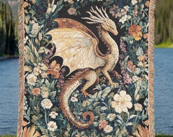 Golden Dragon Tapestry Blanket – Dark Floral Fantasy Woven Throw, Gothic Cottagecore Home Decor, Mythical Creature Blanket for Dragon Lovers