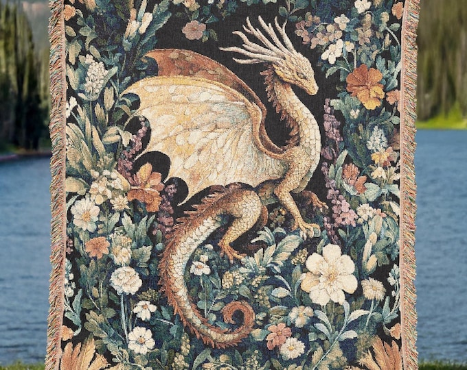 Golden Dragon Tapestry Blanket – Dark Floral Fantasy Woven Throw, Gothic Cottagecore Home Decor, Mythical Creature Blanket for Dragon Lovers