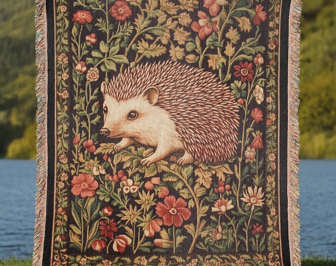Floral Hedgehog Woven Tapestry Blanket, Cottagecore Throw
