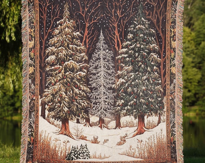 Winter Forest Tapestry Blanket, Cotton Jacquard Woven Christmas Throw