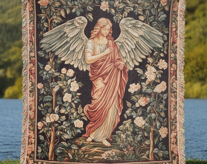 Angel Floral Woven Blanket, Cottagecore Religious Tapestry Home Decor, Vintage Gift Throw for Christians