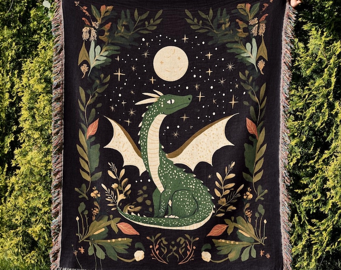 Dragon Woven Blanket, Celestial Dragon Kids Room Decor, Retro Fantasy Lover Gift Throw