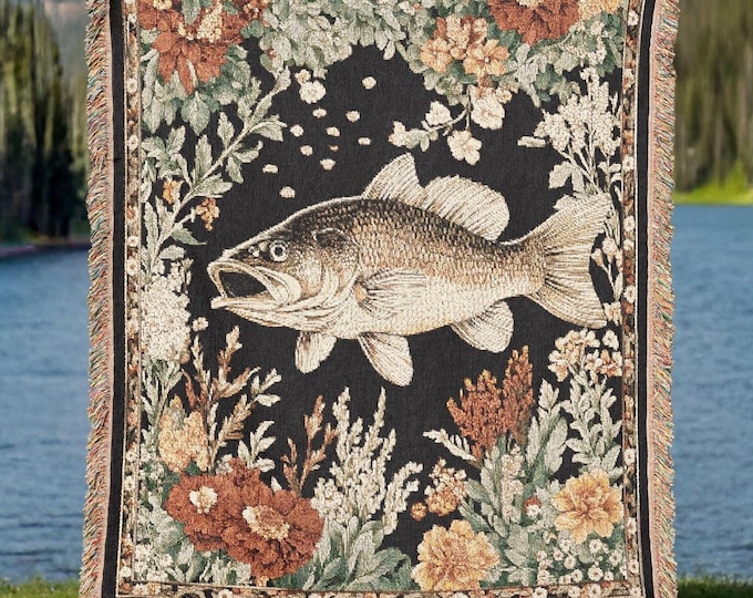 Largemouth Bass Woven Blanket – Tapestry Throw with Dark Floral Border, Rustic Cabin Decor, Unique Gift for Fishermen, Dads & Nature Lovers