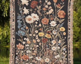 Dark Floral Woven Blanket – Tapestry Throw with Vintage Wildflowers, Moody Botanical Cottagecore Decor, Gothic Wall Hanging, Gift for Her