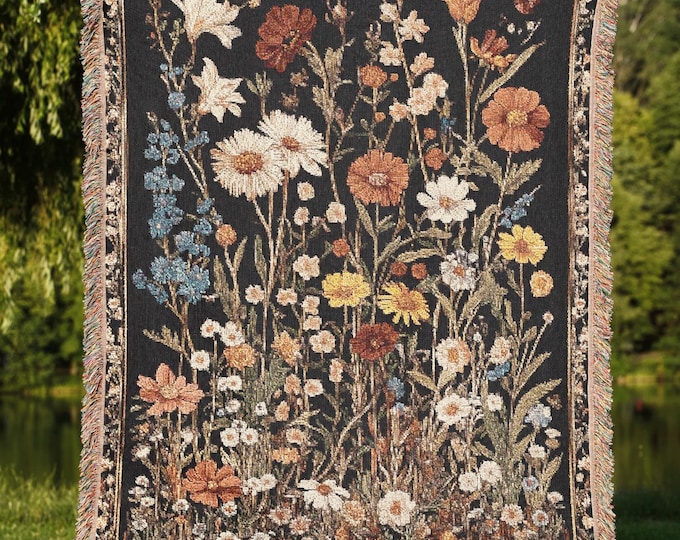 Dark Floral Woven Blanket – Tapestry Throw with Vintage Wildflowers, Moody Botanical Cottagecore Decor, Gothic Wall Hanging, Gift for Her