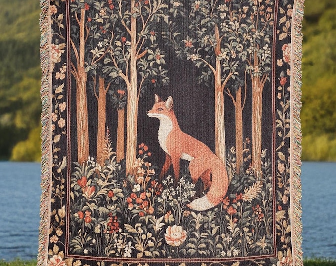 Forest Fox Woven Blanket, Wildlife Kids Room Decor, Retro Fox Lover Gift Throw, Tapestry Gift for Nature Lover
