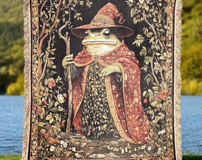 Wizard Frog Woven Blanket, Toad Lover Medieval Woven Throw, Magical Fantasy Home Decor Tapestry