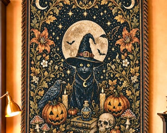 Witchy Black Cat Woven Tapestry Blanket, Halloween Throw with Moon, Skulls & Pumpkins, Cottagecore Gothic Home Decor, Spooky Season Gift