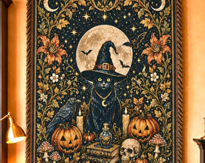 Wizard Cat Tapestry Blanket |  Witchy Cat Home Decor | Celestial Cottagecore Cat Lover Gift
