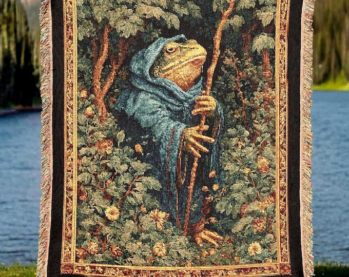 Wizard Frog Woven Blanket, Frog Lover Medieval Woven Throw, Magical Fantasy Home Decor Tapestry