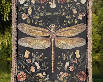 Manta de algodón tejida con diseño de libélulas, tapiz botánico vintage.