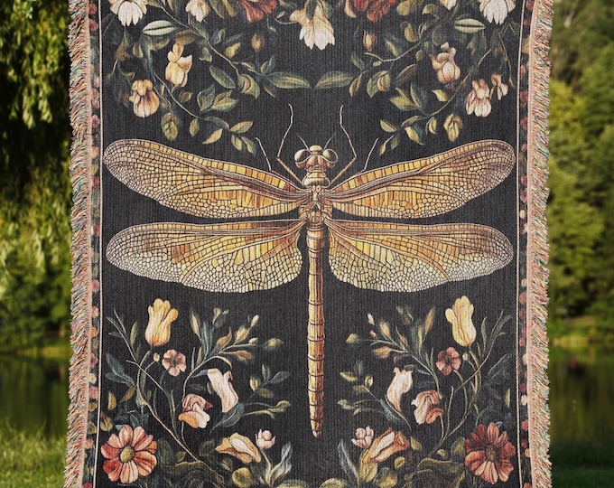 Dragonfly Woven Cotton Blanket, Vintage Botanical Tapestry
