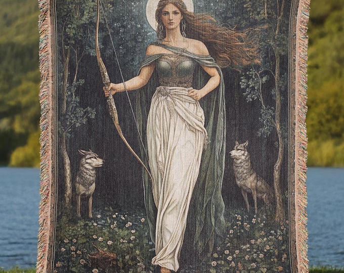 Artemis Floral Woven Blanket, Cottagecore Greek Goddess Tapestry Home Decor, Vintage Gift Throw for Mythology Lovers