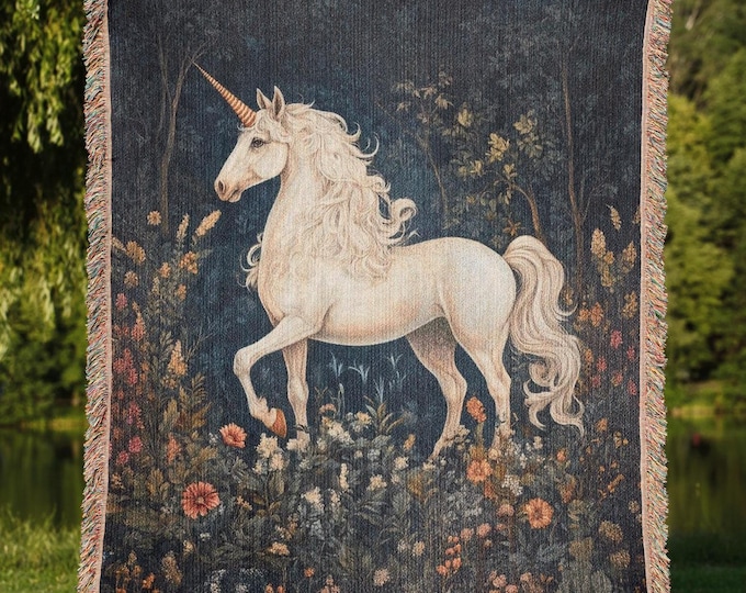 Medieval Unicorn Woven Tapestry Blanket – Cotton Jacquard Throw