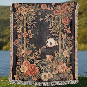 Panda Woven Throw Blanket, Floral Cottagecore Sofa Decor, Premium Boho Tapestry Blanket, Decorative Couch or Bed Throw, Panda Lover Gift