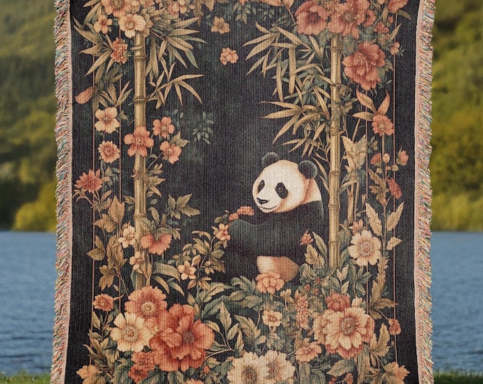 Panda Woven Throw Blanket, Cottagecore Floral Sofa Decor