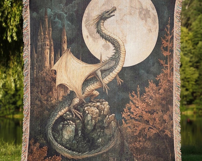 Woven Dragon Blanket, Medieval Castle Tapestry, Fantasy Decor