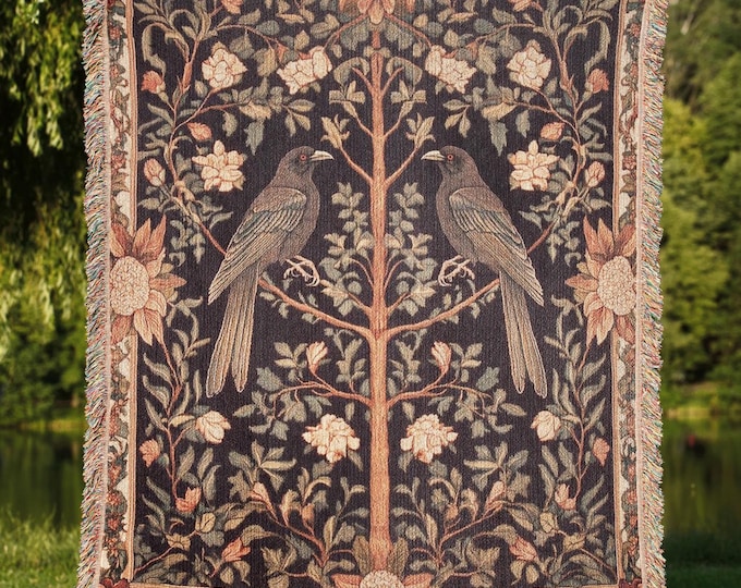 Twin Ravens Woven Tapestry Blanket, Norse Mythology Huginn and Muninn Home Decor, Vintage Gift Throw for Myth Lovers