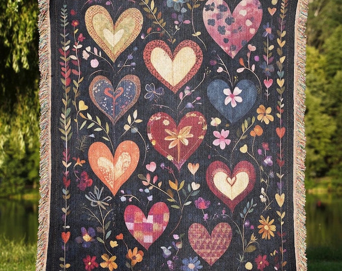 Valentines Hearts Tapestry Blanket, Dark Academia Cotton Jacquard Woven Throw, Valentines Day Decor Gift, Cottagecore Love Wall Hanging