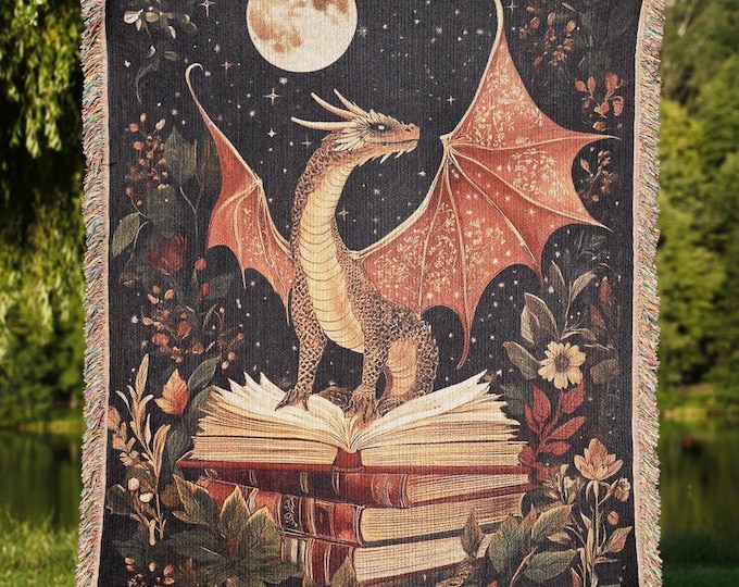 Fantasy Book Dragon Blanket, Reading Lover Medieval Woven Throw, Bookish Home Decor Tapestry