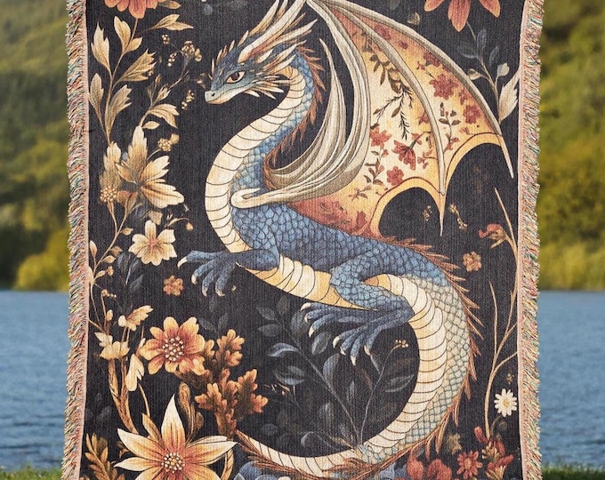 Blue Dragon Woven Tapestry Blanket – Floral Fantasy Throw, Gothic Decor