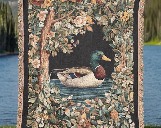 Mallard Duck Woven Blanket – Tapestry Throw with Woodland Floral Border, Cottagecore Bird Blanket, Rustic Nature Decor, Duck Hunter Gift