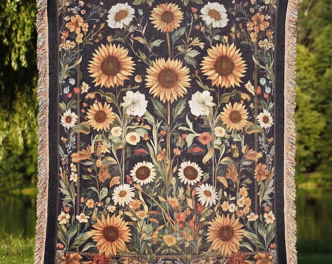 Sunflower Woven Blanket, Floral Cottagecore Sofa Decor, Premium Boho Tapestry Blanket, Decorative Couch or Bed Throw, Sunflower Lover Gift