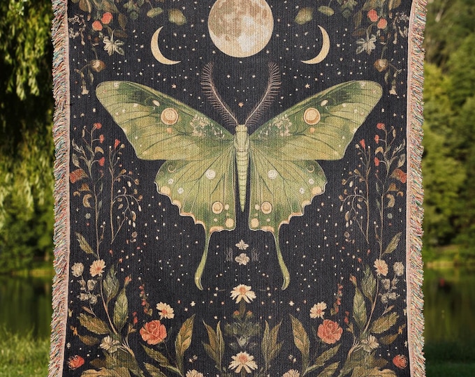 Luna Moth Woven Blanket, Cottagecore and Dark Academia Throw, Witchy Decor Tapestry for Goblincore Lovers, Moth and Moon Lover Gift